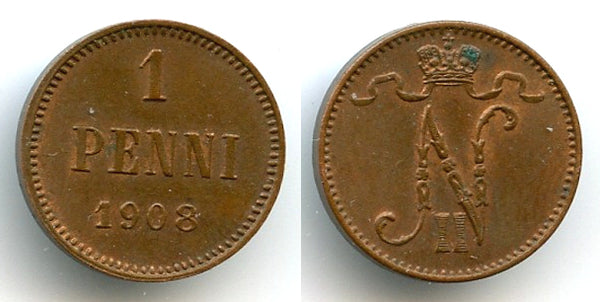 Copper 1 penni, Nicholas II (1894-1917), 1908, Finland under Russian Empire