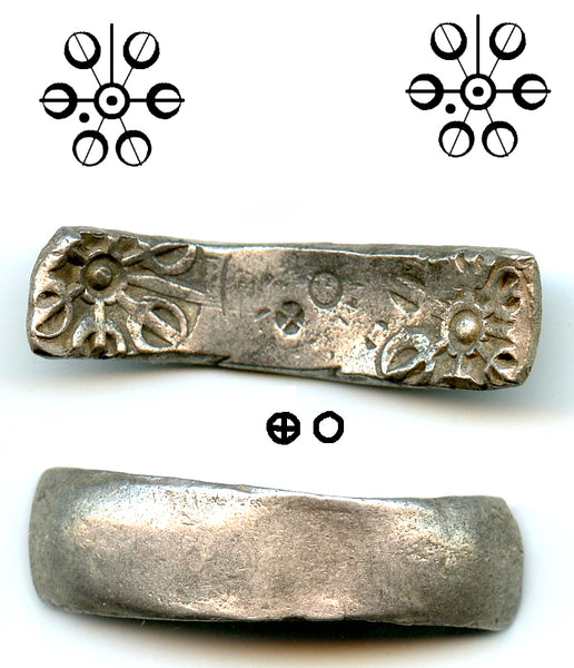 Silver shatamana w/2 punchmarks + cross, Gandhara Janapada, c.600-500 BC, India