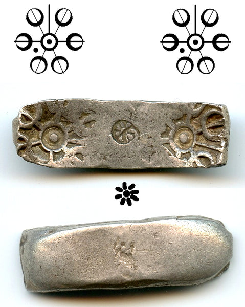 Silver shatamana w/2 punchmarks + flower, Gandhara Janapada, ca.600-500 BC, India