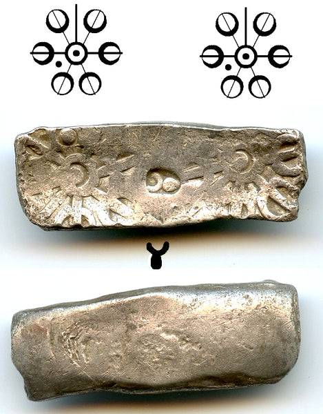 Silver shatamana w/2 punchmarks + tourine, Gandhara Janapada, c.600-500 BC, India