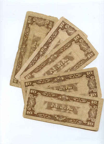 Lot of 5 notes - 10 pesos, 1942 WWII Japanese Occupation of Philippines (P#108)