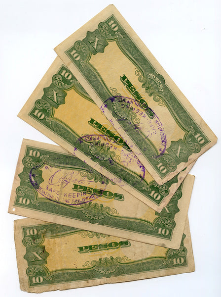 Lot of 4 notes - 10 pesos, 1943 WWII Japanese Occupation of Philippines (P#111)
