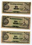 Lot of 3 notes - 10 pesos, 1943 WWII Japanese Occupation of Philippines (P#111)