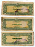 Lot of 3 notes - 10 pesos, 1943 WWII Japanese Occupation of Philippines (P#111)