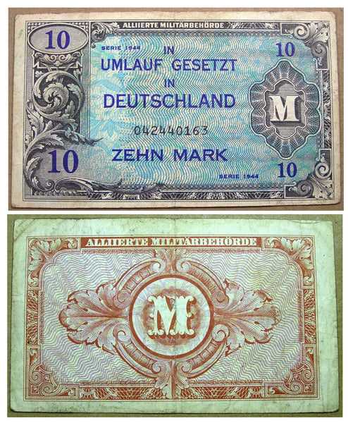 Germany 10 Mark, 1944, WWII Allied military occupation currency (Pick-194a)