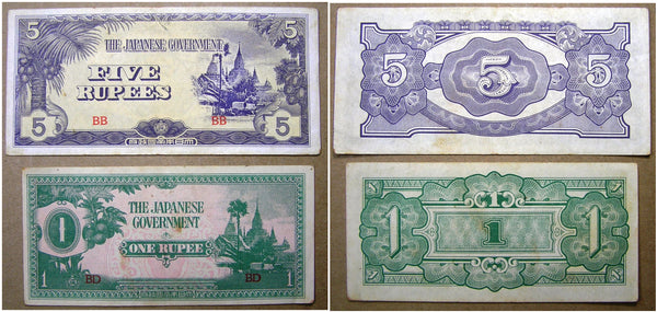 Burma, 1942, Japanese occupation, 2 notes - 1- and 5-rupees (Pick#14+15)