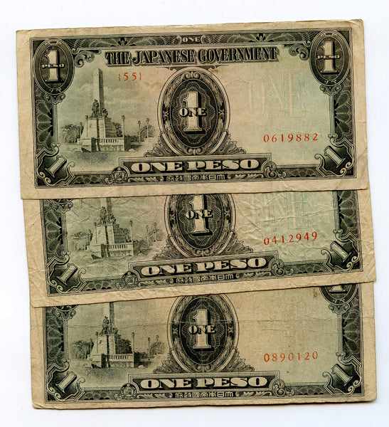 Lot of 3 notes - 1-peso, 1942 WWII Japanese Occupation of Philippines (P#106)