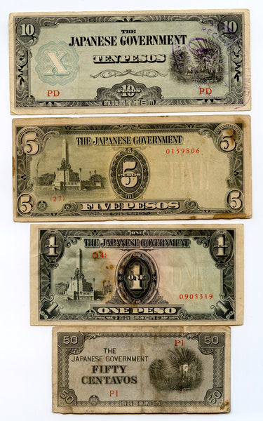 Lot of 4 notes - 0.5, 1, 5 and 10 pesos, 1942 WWII Japanese Occupation of Philippines