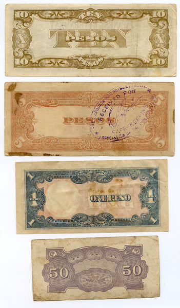 Lot of 4 notes - 0.5, 1, 5 and 10 pesos, 1942 WWII Japanese Occupation of Philippines