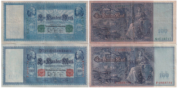 Set of 2 notes - 100 marks 1910, Green and red seals (Pick #42 and #43)