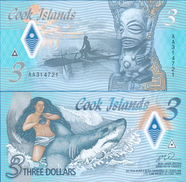 Cook Islands 3 Dollars, 2021 UNC Polymer note, AA Prefix (Pick#11a)
