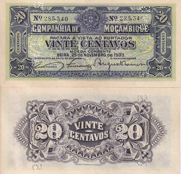 Portuguese colonial Mozambique 20-centavos, 1933 UNC (Pick#R29)