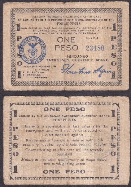 Scarce 1-peso, Mindanao Emergency currency, 1945, Mindanao Island, Philippines (P#S515)