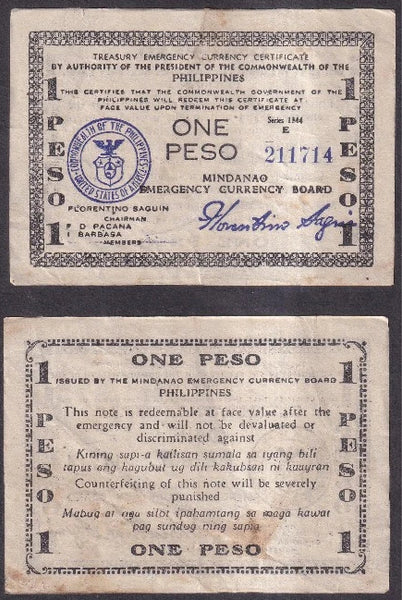 Scarce 1-peso, Mindanao Emergency currency, 1945, Mindanao Island, Philippines (P#S515)