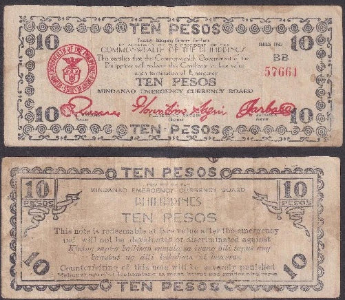 Scarce 10-peso, Mindanao Emergency currency, 1945, Mindanao Island, Philippines (P#S538)