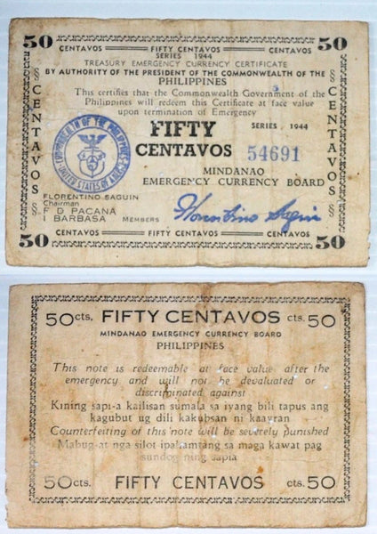Scarce 50-centavos, Mindanao Emergency currency, 1944, Mindanao Island, Philippines (P#S522b)