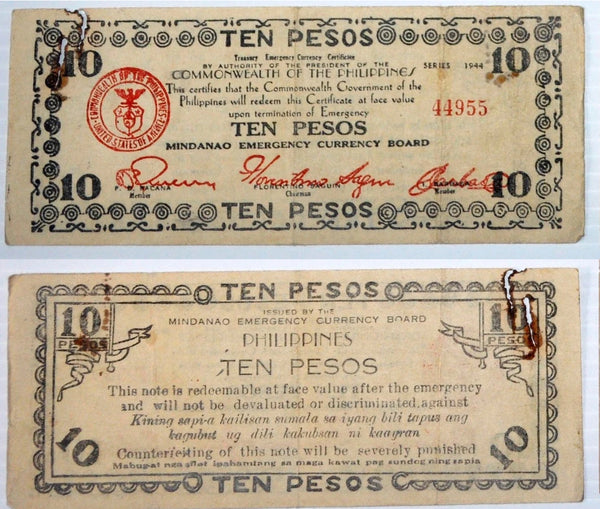Scarce 10-peso, Mindanao Emergency currency, 1944, Mindanao Island, Philippines (P#S527b)