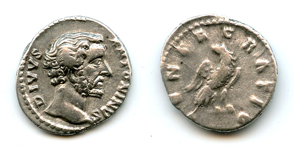 Posthumous silver denarius of Antoninus Pius (138-161 CE), Rome, Roman Empire (RIC 429)