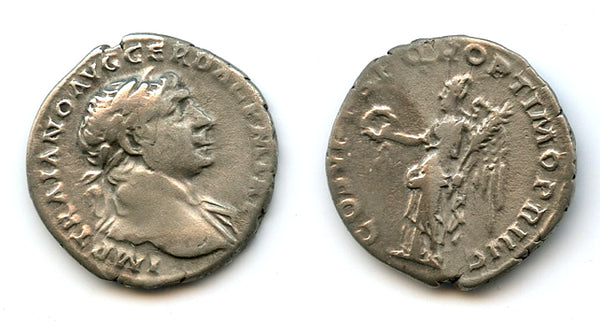Silver denarius w/Victory, Trajan (98-117 CE), Rome mint, Roman Empire (RIC 128)