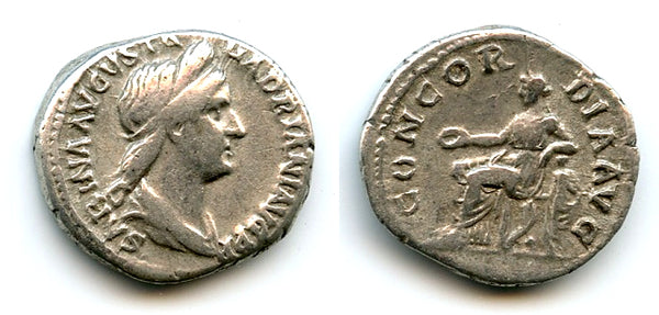 Scarce CONCORDIA silver denarius, Sabina (d.136 CE), Roman Empire (RIC 398)
