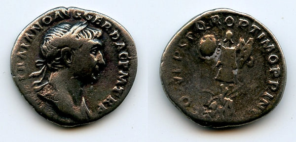 Silver denarius, Trajan (98-117 CE), Rome mint, Roman Empire (RIC 147b)