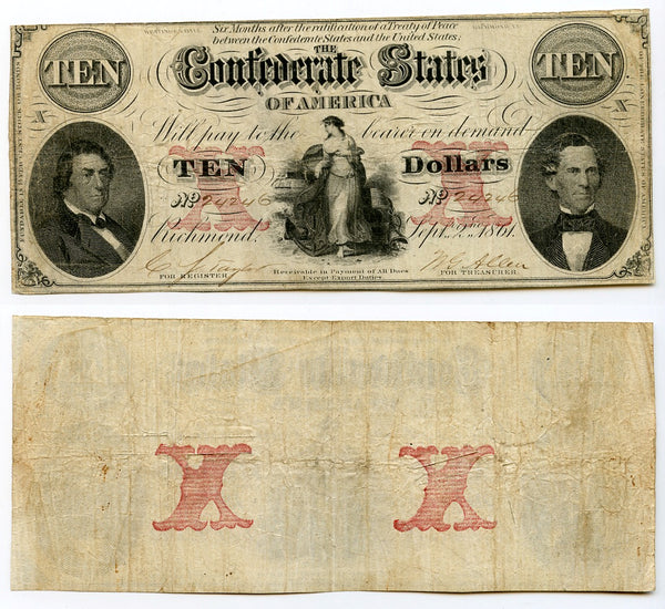 1861 $10 Confederate Paper Money, Confederate States of America (T-26)