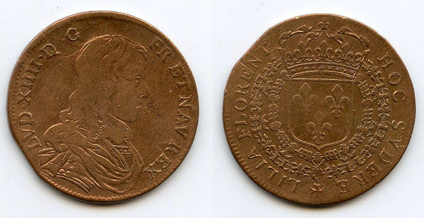 Brass jeton (AE28) w/French arms, Louis XIV (1643-1715), France (F-12547)