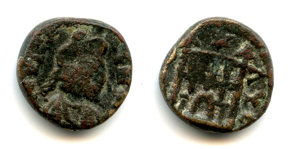 Rare camp-gate AE4 of Valentinian III (425-455 AD), Rome, Roman Empire (RIC 2159 var.)
