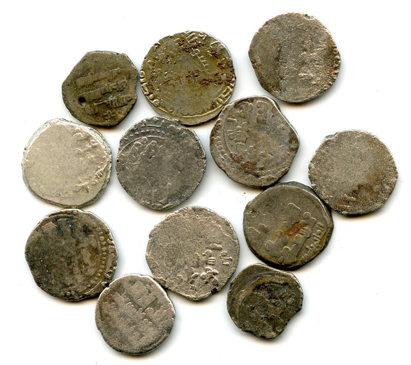 Lot of 12 various unsorted silver Ghaznavid dirhams, 32 grams, 977-1186 AD, Ghaznavid Empire