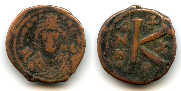 1/2 of Maurice Tiberius (582-602 CE), RY10 (592/593 CE), Theupolis, Byzantine Empire