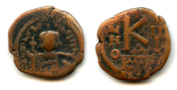 1/2 follis of Maurice Tiberius (582-602 CE), RY3 (585 CE), Cyzicus, Byzantine Empire