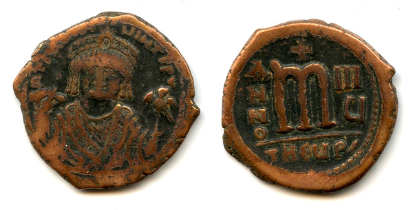 Nice follis of Maurice Tiberius (582-602 CE), RY8 (589 CE), Theupolis, Byzantine Empire