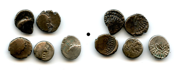 Lot of 5 silver drachms of Madasena (c.415-50 CE), Kathiawar, Second Kshatrapa Kingdom