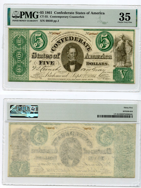 Confederate States of America – Contemporary Counterfeit $10, CT33/250 – PMG VF 35