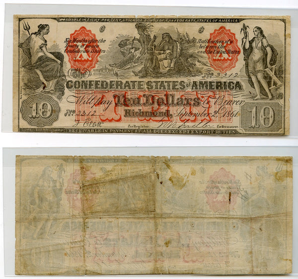 Confederate States of America (CSA) – Contemporary Counterfeit $10, CT22/152 – “Indian Family” – Fine