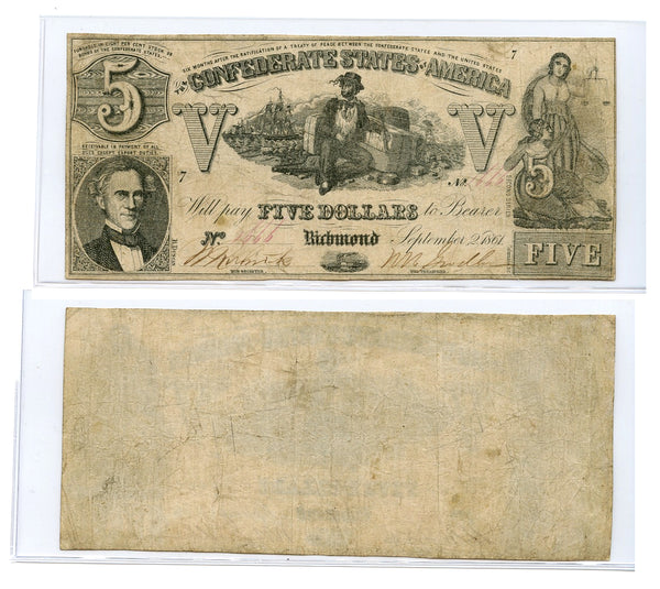 Confederate States of America – 1861 $5 – Criswell T-37 – Second Series – Fine+