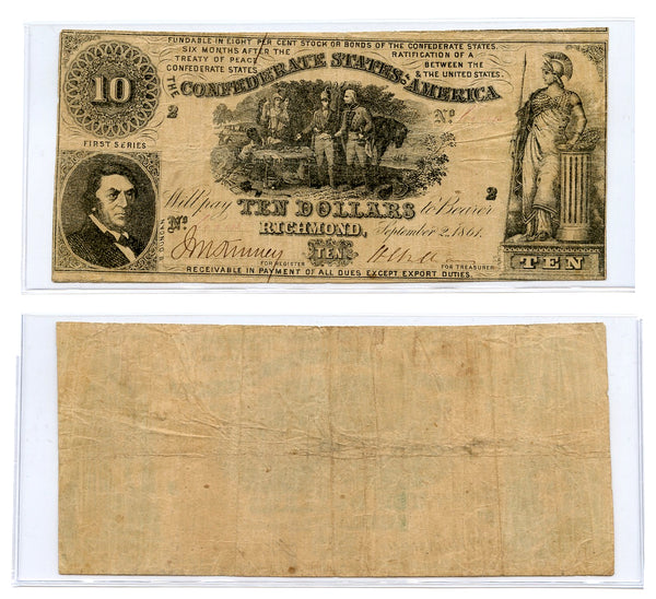 Confederate States of America – 1861 $10 – Criswell T-30, No. 238 – First Series – Fine