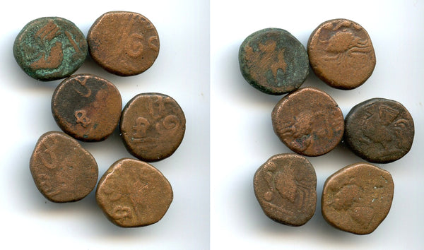 Lot of 6 copper doudou with a rooster, 1836, Pondicherry mint, French India