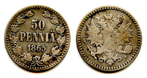 Silver 50 pennia of Alexander II, 1865, Russian Finland