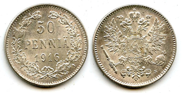 Silver 50 pennia, Nicholas II (1894-1917), 1916, Finland under Russian Empire