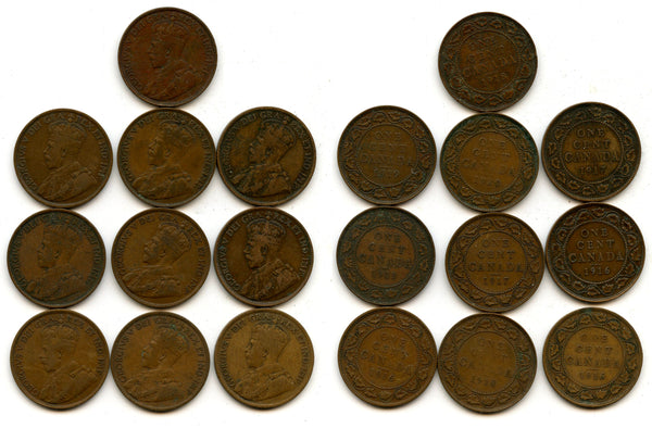 Lot of 10 large cents of George V (1910-1936), Ottawa mint, Canada