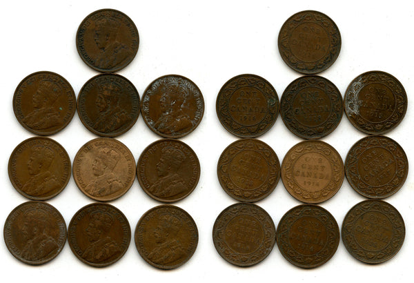 Lot of 10 large cents of George V (1910-1936), Ottawa mint, Canada