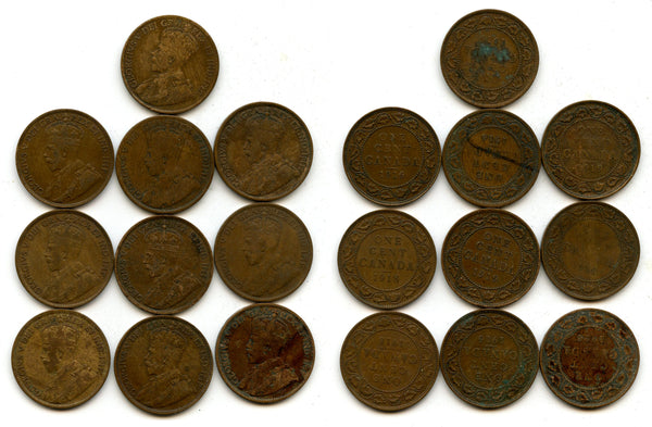 Lot of 10 large cents of George V (1910-1936), Ottawa mint, Canada