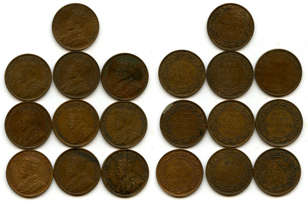 Lot of 10 large cents of George V (1910-1936), Ottawa mint, Canada