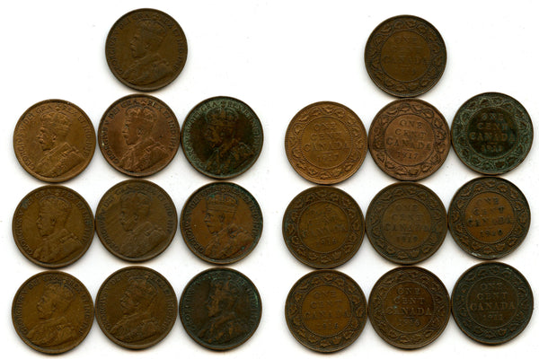 Lot of 10 large cents of George V (1910-1936), Ottawa mint, Canada
