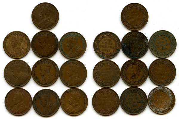 Lot of 10 large cents of George V (1910-1936), Ottawa mint, Canada