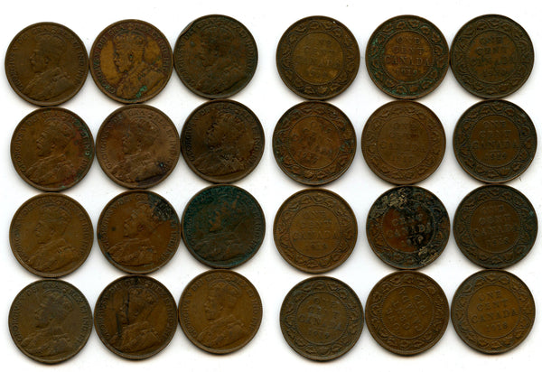 Lot of 12 large cents of George V (1910-1936), Ottawa mint, Canada