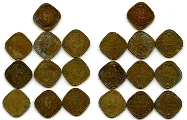 Lot of 10 square brass 2-annas of George VI, different dates (1940s), India