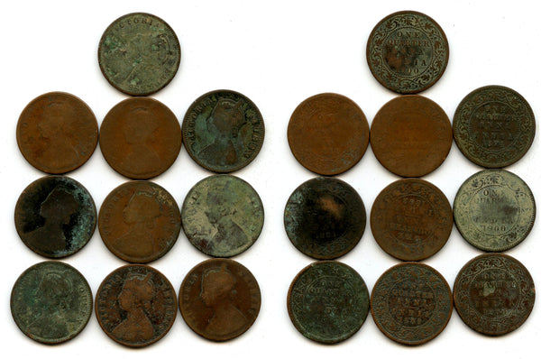 Lot of 10 copper 1/4-annas of Queen Victoria, different dates (1800s), India