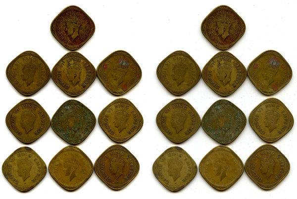 Lot of 10 square brass 2-annas of George VI, different dates (1940s), India